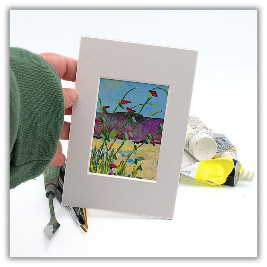 A small acrylic original painting - red wildflowers - landscape - letterbox gift
