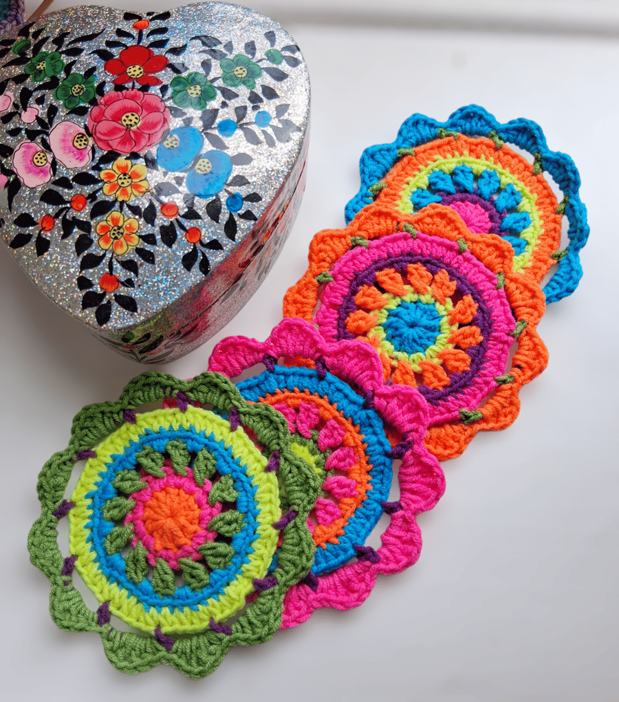 ultra bright neon crochet mandala flower coasters