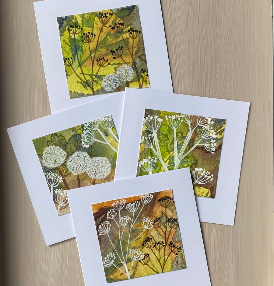 Pack of 4 hand painted hedgerow greetings cards