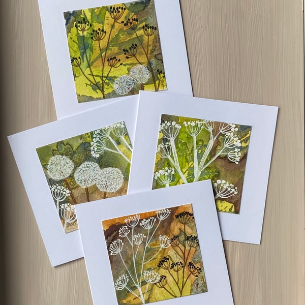 Pack of 4 hand painted hedgerow greetings cards