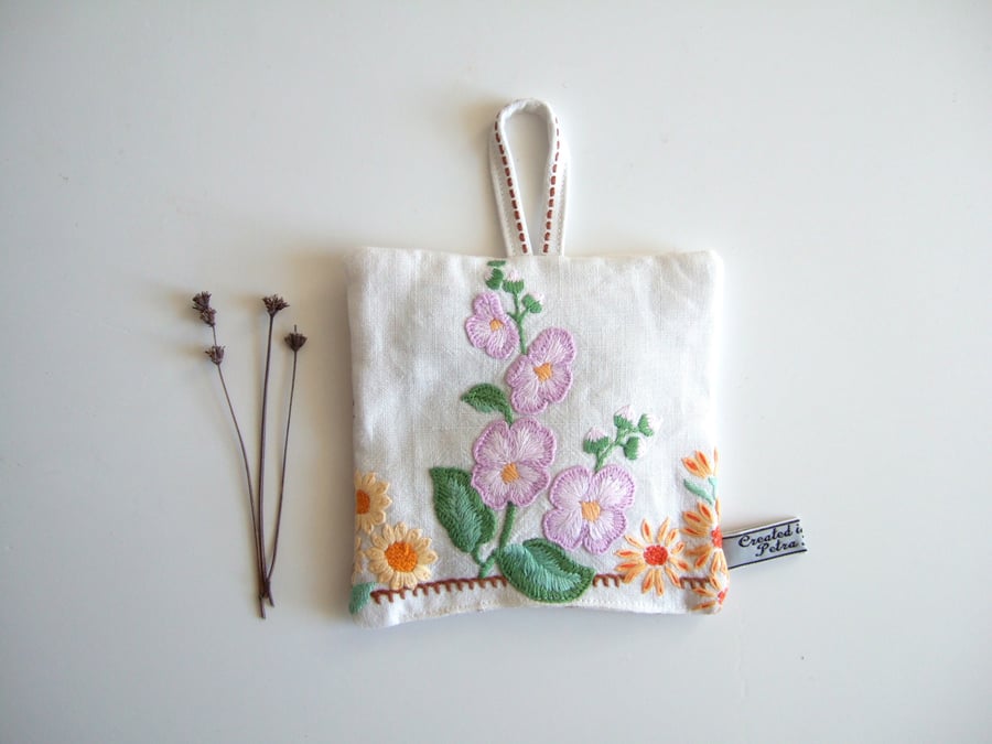 Large lavender bag made in a soft, floral, vintage embroidery