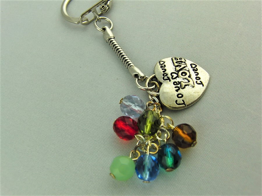 Silver Love Heart Charm and Multi Coloured Crystal Bead Key Ring