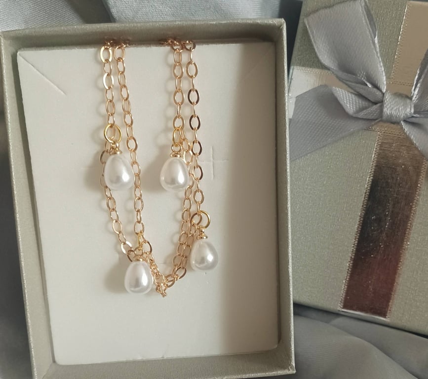 Double-Wrapped Gold Tone Bracelet with Pearl Drops
