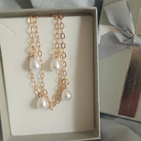 Double-Wrap Gold Tone Bracelet with Pearl Drops