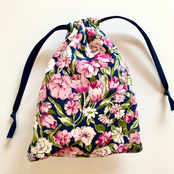 Navy and Pink Floral Drawstring Bag