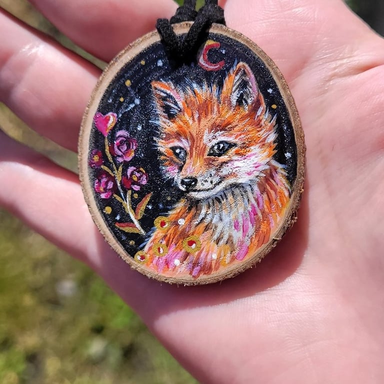 Hand Painted Fox Wood Slice Necklace, Rustic Woodland Amulet Pendant, Nature Spi