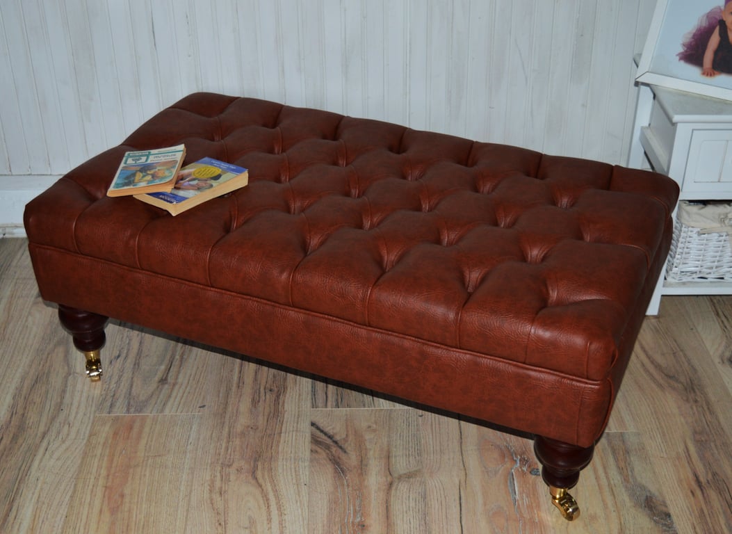 Chesterfield Design Deep Button Footstool in Dark Chestnut Faux Leather