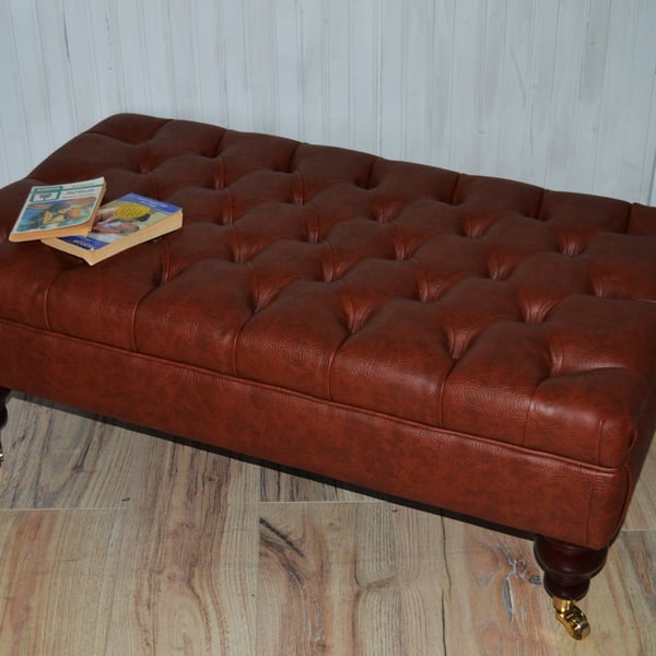 Chesterfield Design Deep Button Footstool in Dark Chestnut Faux Leather