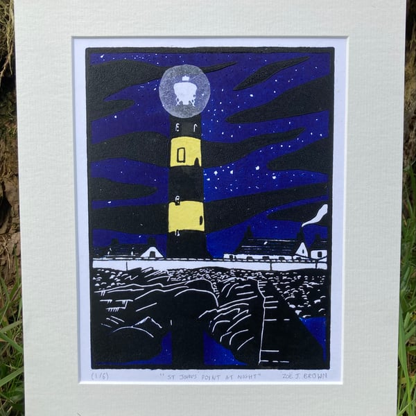 St John's Point Lighthouse at Night Linoprint County Down Northern Ireland Art