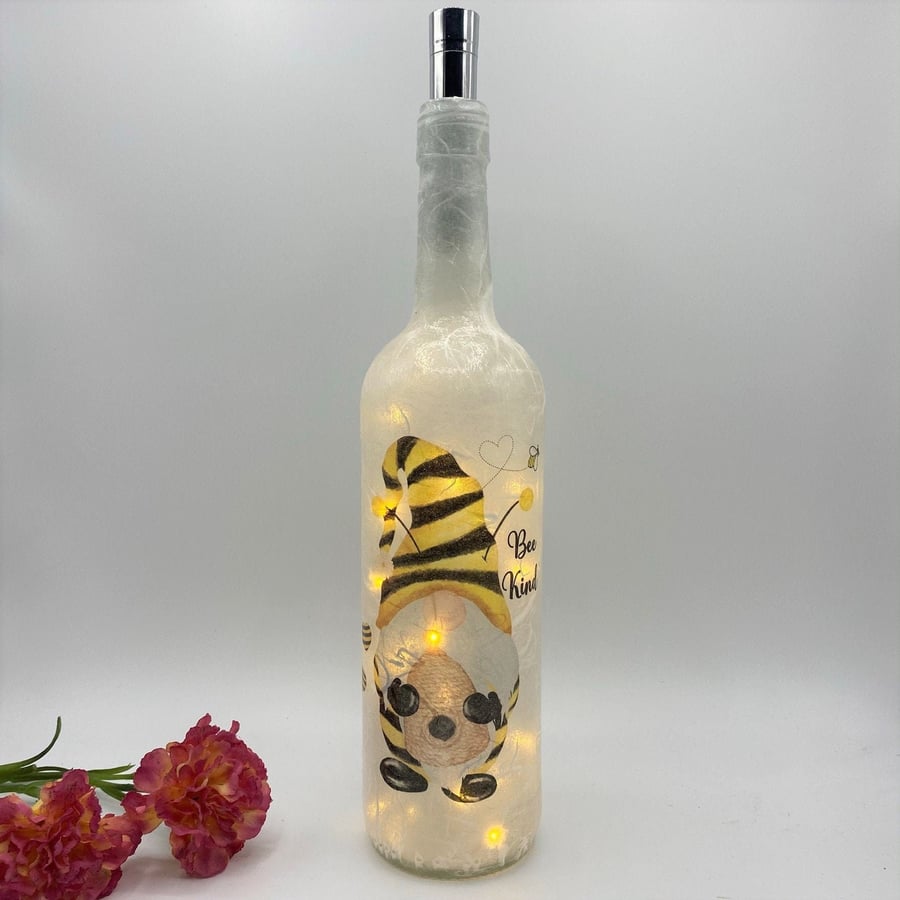 Decoupage bottle light, Bee Kind, Gonk, Gnome
