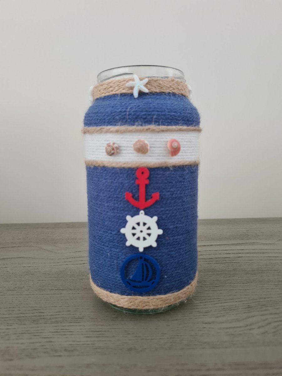 Nautical Themed Yarn Wrapped Vase 