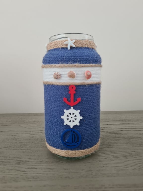 Nautical Themed Yarn Wrapped Vase 