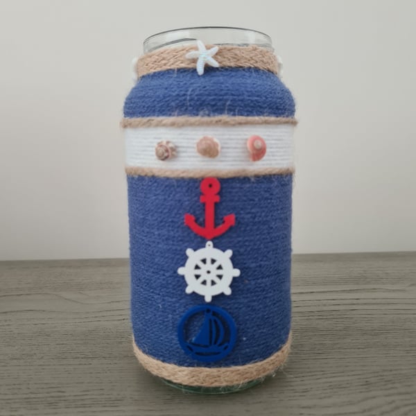 Nautical Themed Yarn Wrapped Vase - Coastal Home Decor 
