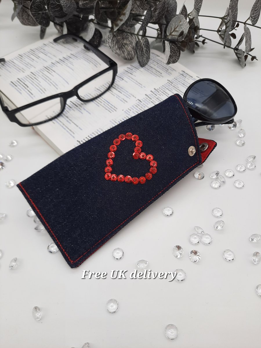 Glasses case denim red sequin heart beading.