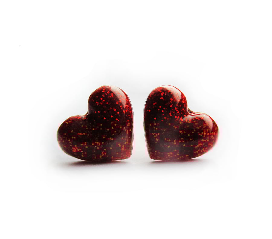 Gold Plated Red Heart Resin Glitter Stud Earrings