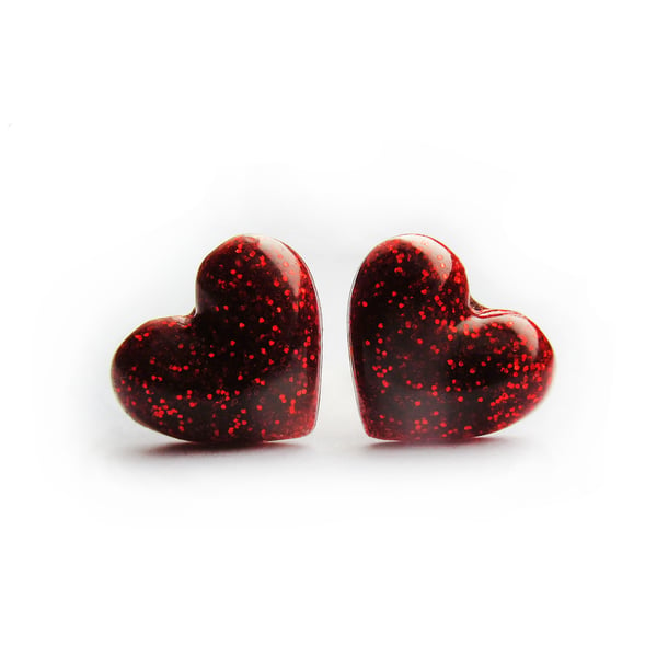 Gold Plated Red Heart Resin Glitter Stud Earrings