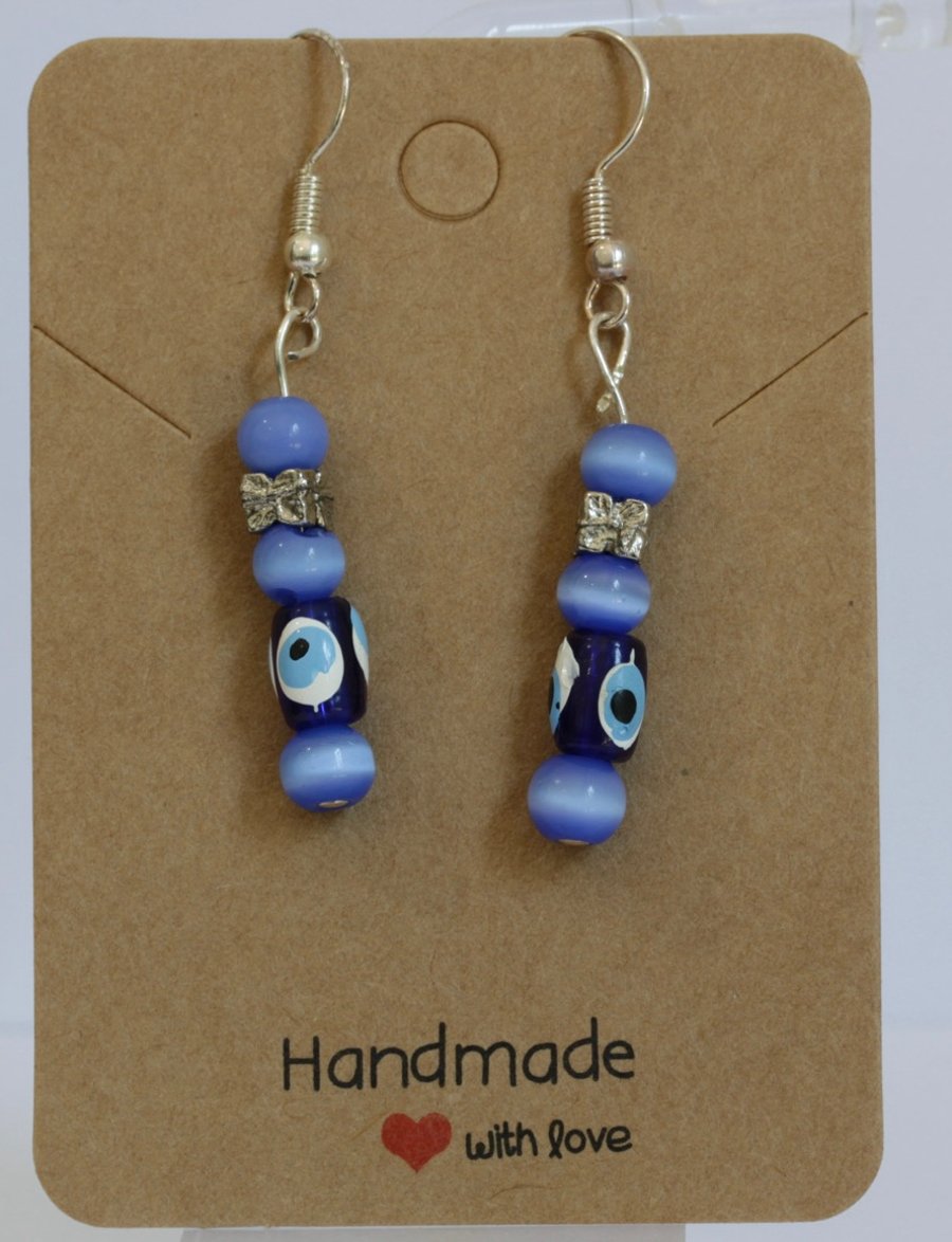 Blue Evil Eye Drop Earrings.