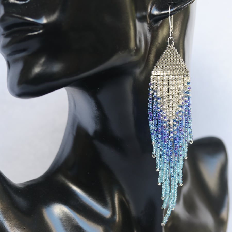 Silver, Turquoise and Blue Long Fringe Earrings