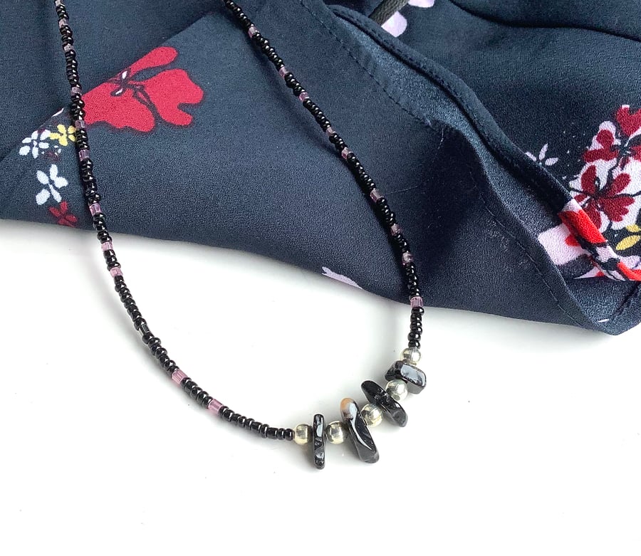 Black Onyx & bead single strand necklace with silver coated beads