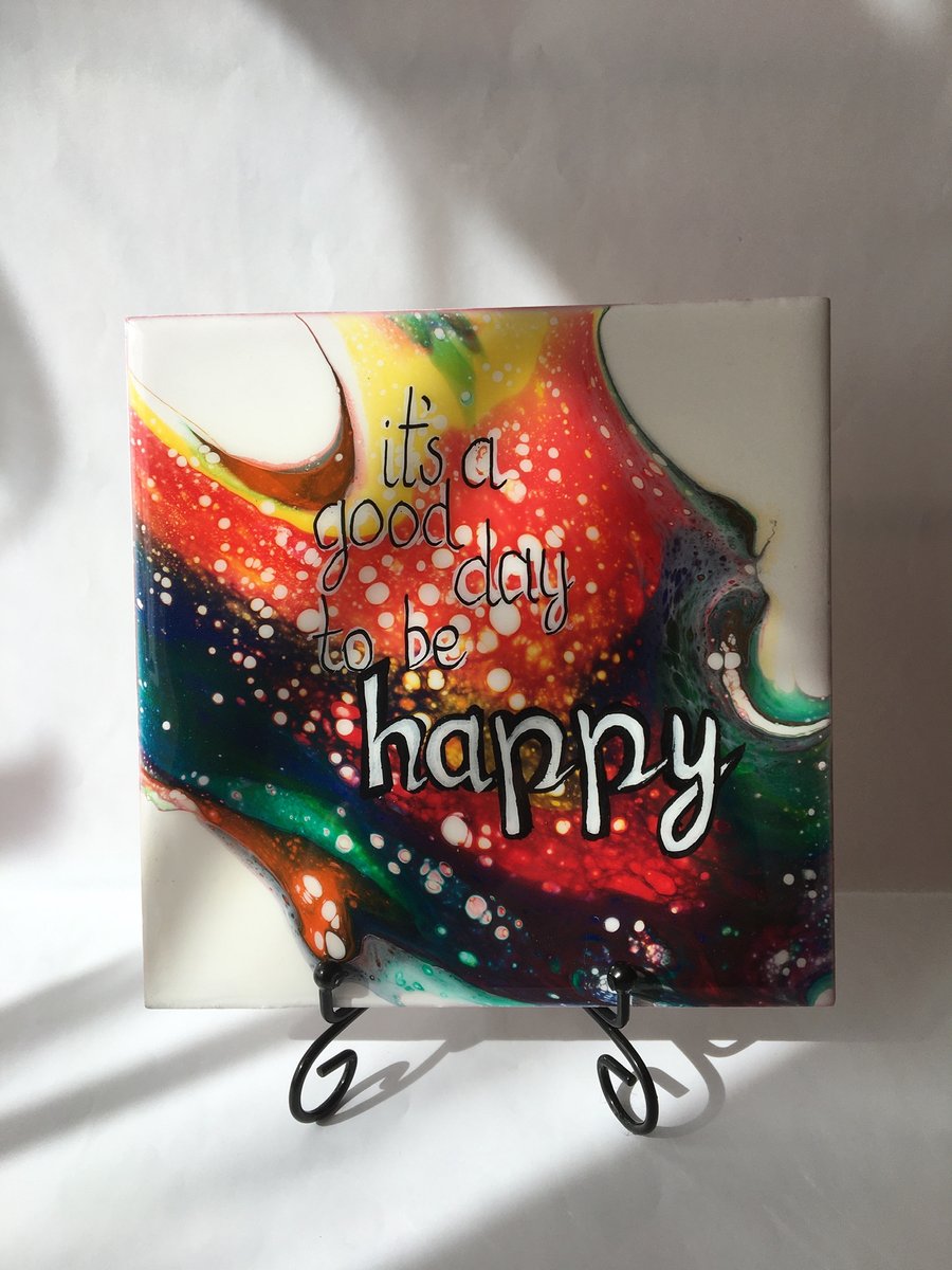 Fluid art, 6”x6” tile, trivet, decoration , abstract painting,‘It’s a good day ’