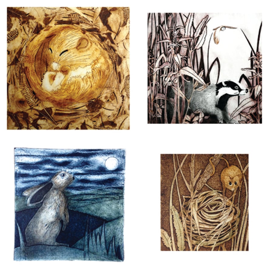 Set of four woodland creatures greetings cards.