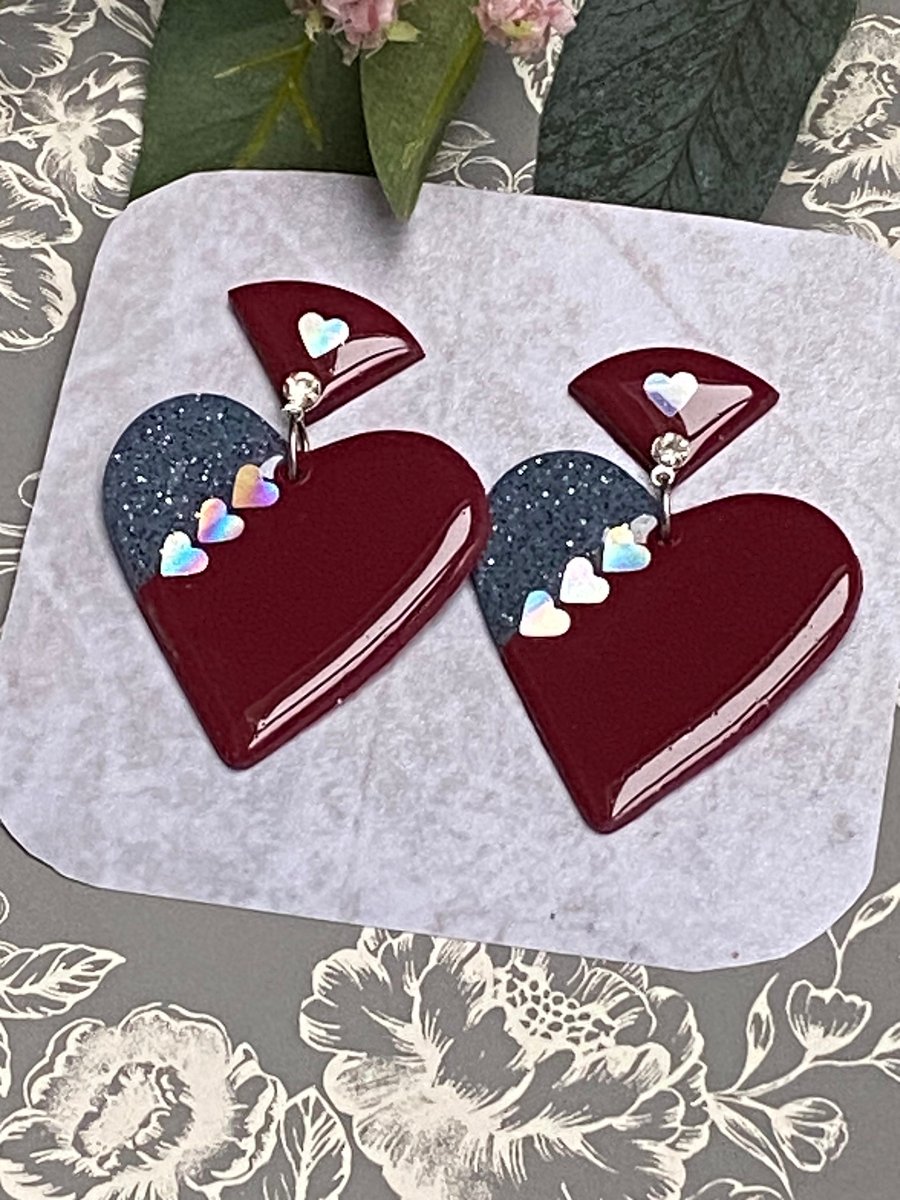 Red heart polymer clay dangle earrings, silver plated Fimo Professional