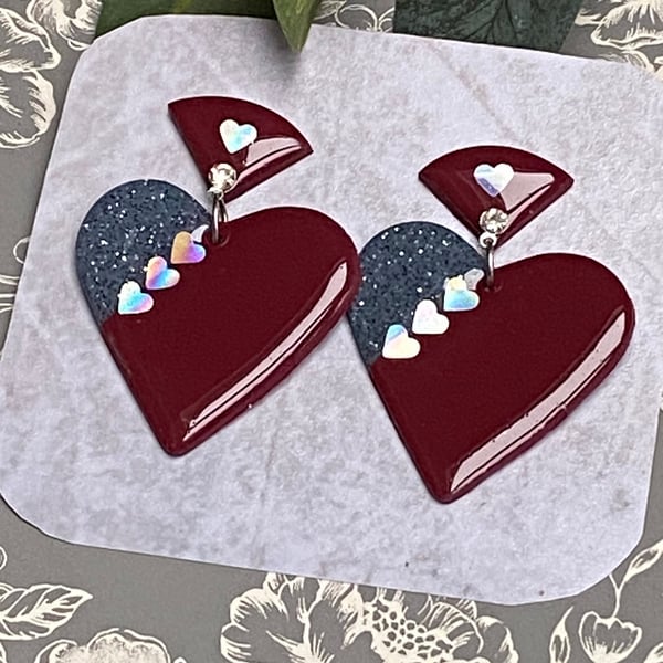 Red heart polymer clay dangle earrings, silver plated Fimo Professional