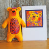 Hand-sewn batik-bellied bear and matching card.