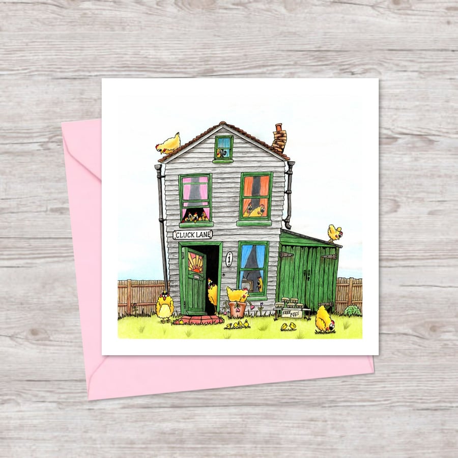 Whimsical Chicken Coop Greeting Card: Hen House Pencil Illustration (225)