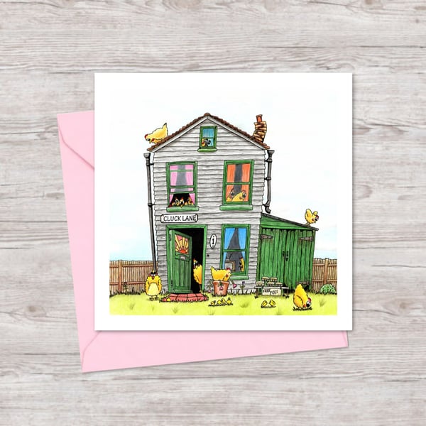 Whimsical Chicken Coop Greeting Card: Hen House Pencil Illustration (225)