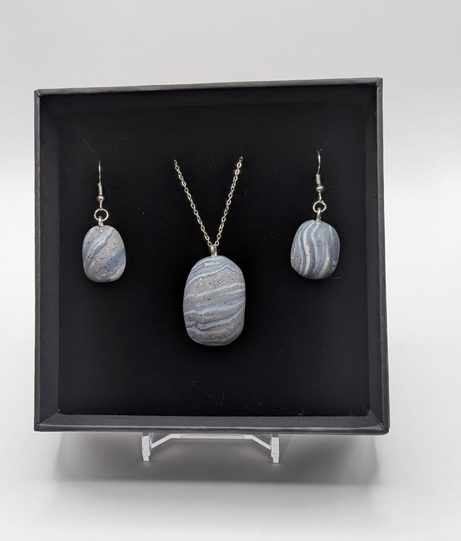 Marble stone White and silver Jewelry Set Handmade Polymer Clay Necklace, Earrin