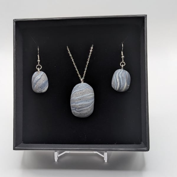 Marble stone White and silver Jewelry Set Handmade Polymer Clay Necklace, Earrin