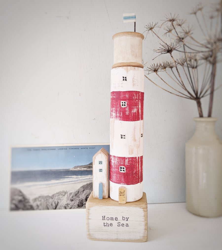 Wooden Lighthouse and Hut with Vintage Bobbin and Flag 'Home by the Sea'