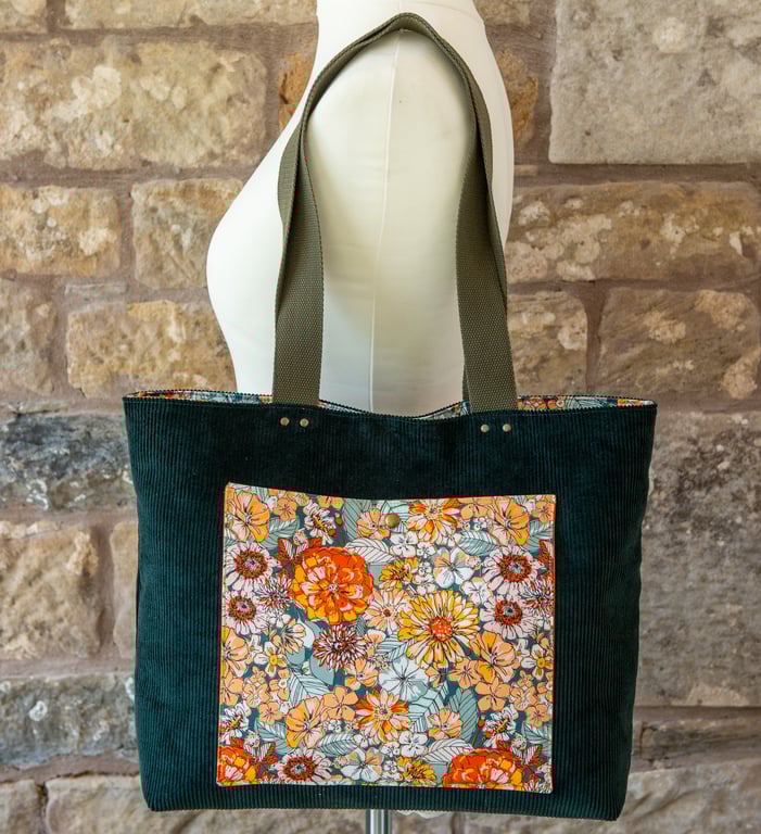 Tote Bag, forest green corduroy with floral accent; popper or zip closure option