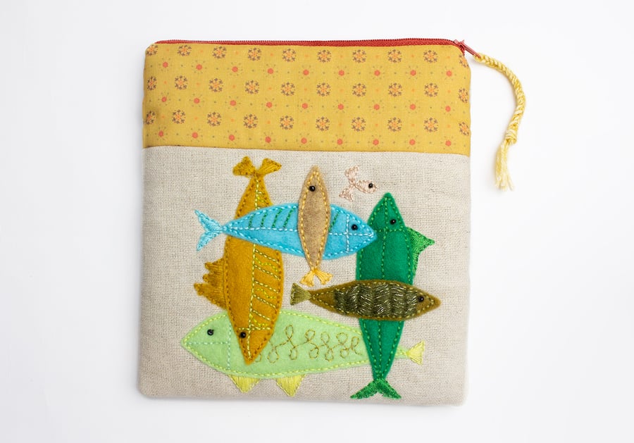 Oatmeal linen make up bag with hand stitched interlocking fish