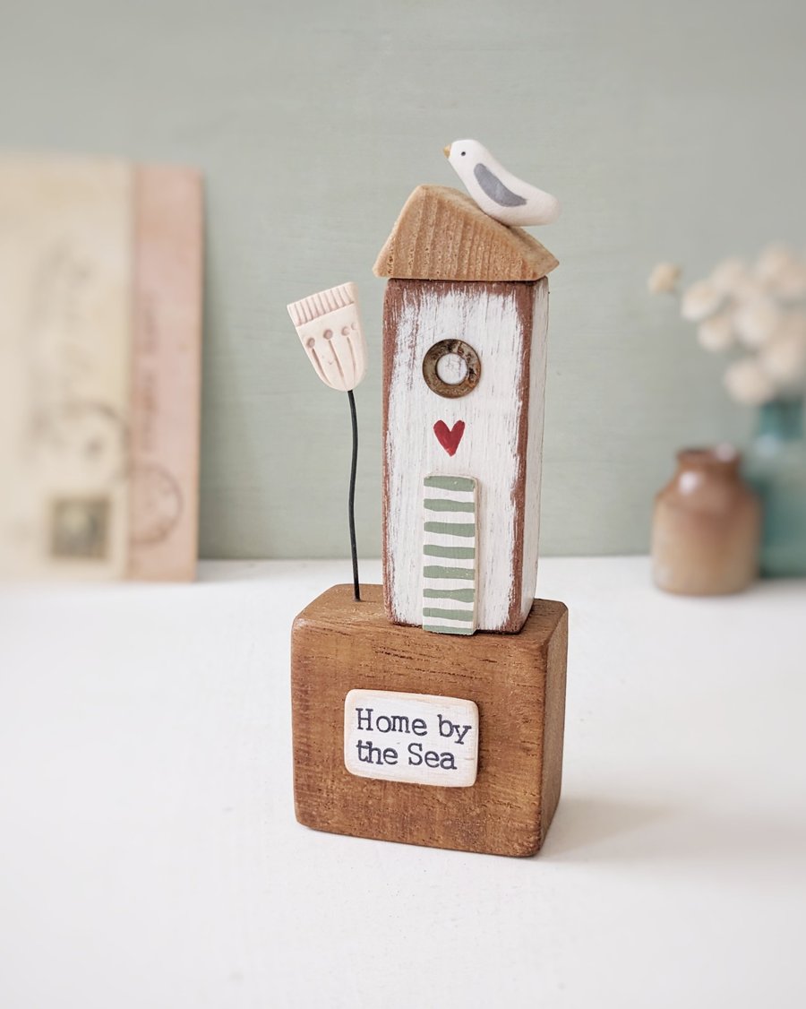 Tall Wooden Sea Hut with Clay Flower and Seagull 'Home by the Sea'