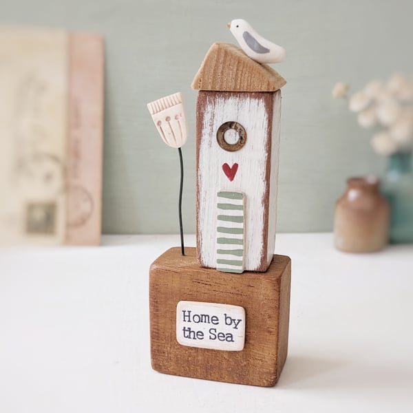 Tall Wooden Sea Hut with Clay Flower and Seagull 'Home by the Sea'