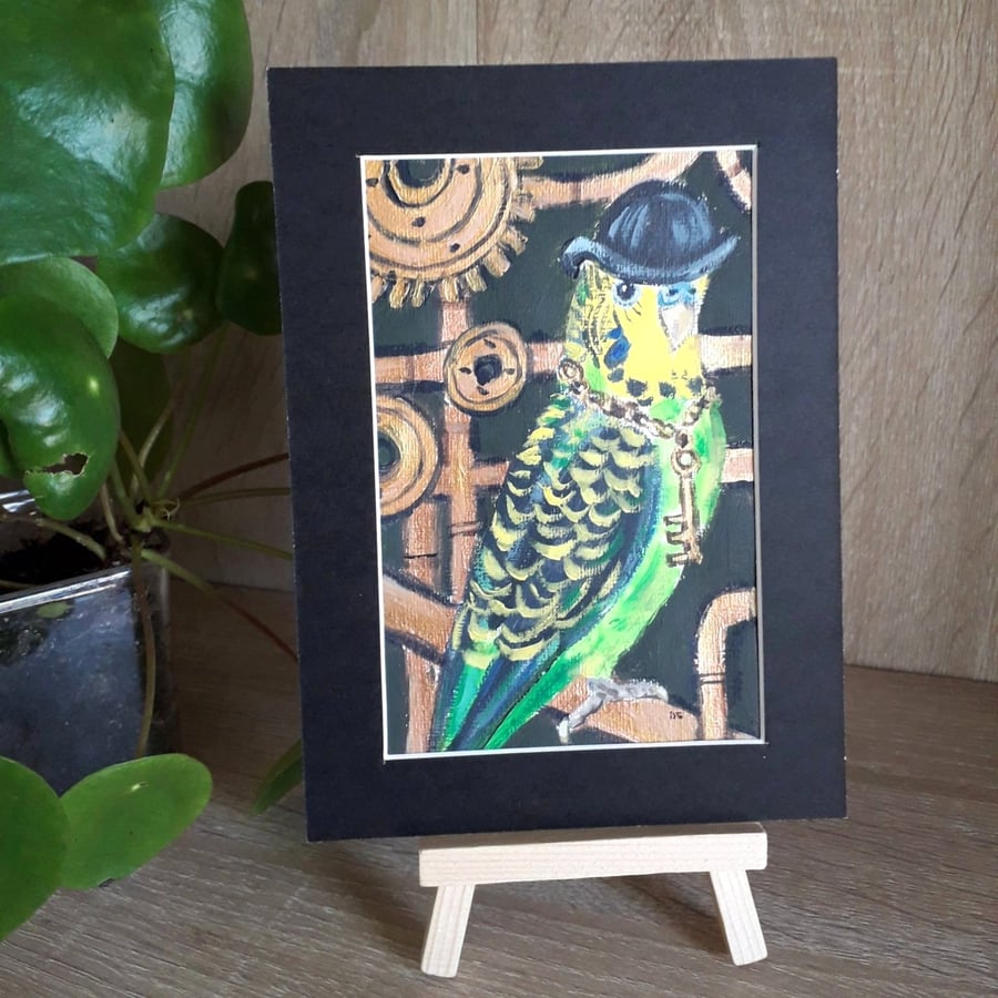 Steampunk style green Budgie amongst copper pipes and cogs, original painting.  