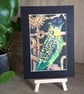 Steampunk style green Budgie amongst copper pipes and cogs, original painting.  