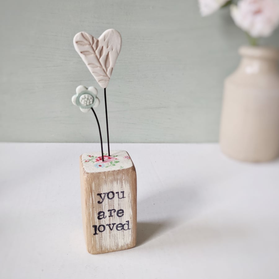 Clay Heart and Flower in a Printed Wood Block 'You are Loved'
