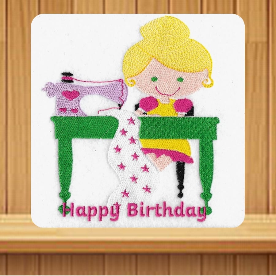 Handmade Embroidered Happy Birthday Sewing Design greetings card 