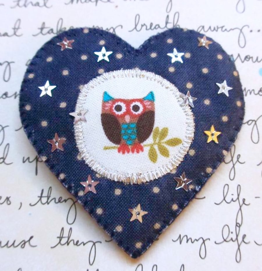 Starry Night Owl Brooch. Textile Brooch. Heart Brooch. Boho Brooch.