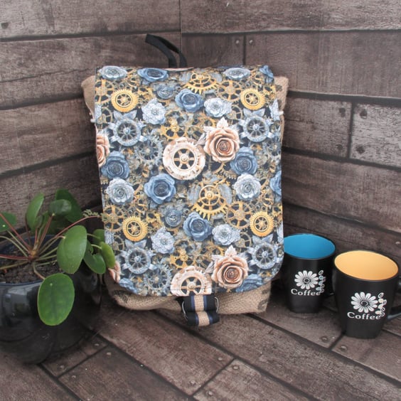Eco Rucksack -  Handmade from Sustainable Materials  - Blue and Yellow Steampunk