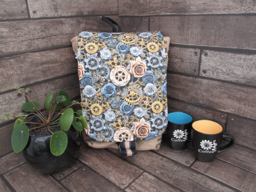 Eco Rucksack -  Handmade from Sustainable Materials  - Blue and Yellow Steampunk