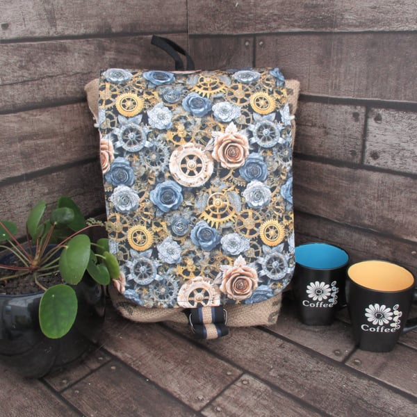 Eco Rucksack -  Handmade from Sustainable Materials  - Blue and Yellow Steampunk
