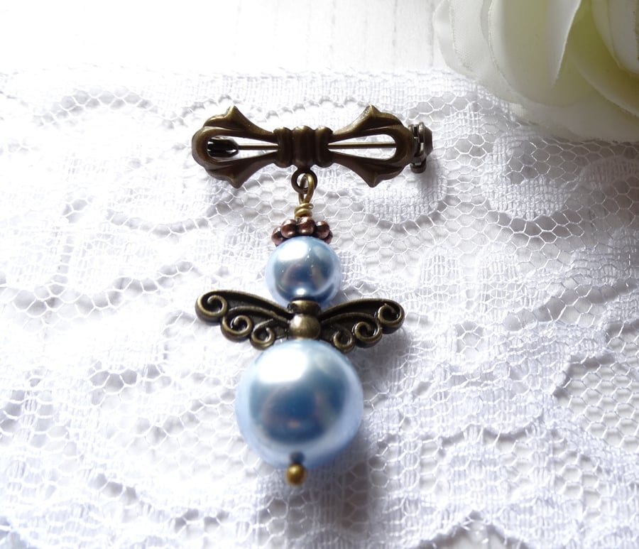 Something Blue Pearl Angel Antique Bronze Bow Brooch with Swarovski Elements 