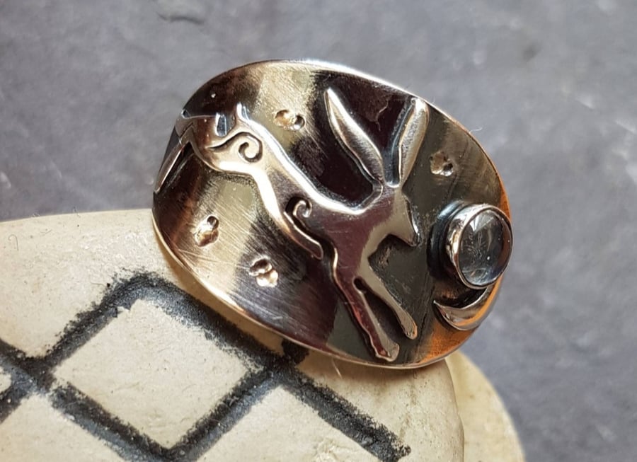 Silver leaping hare and moon ring with moonstone