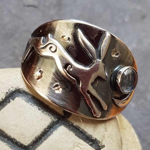 Silver leaping hare and moon ring with moonstone