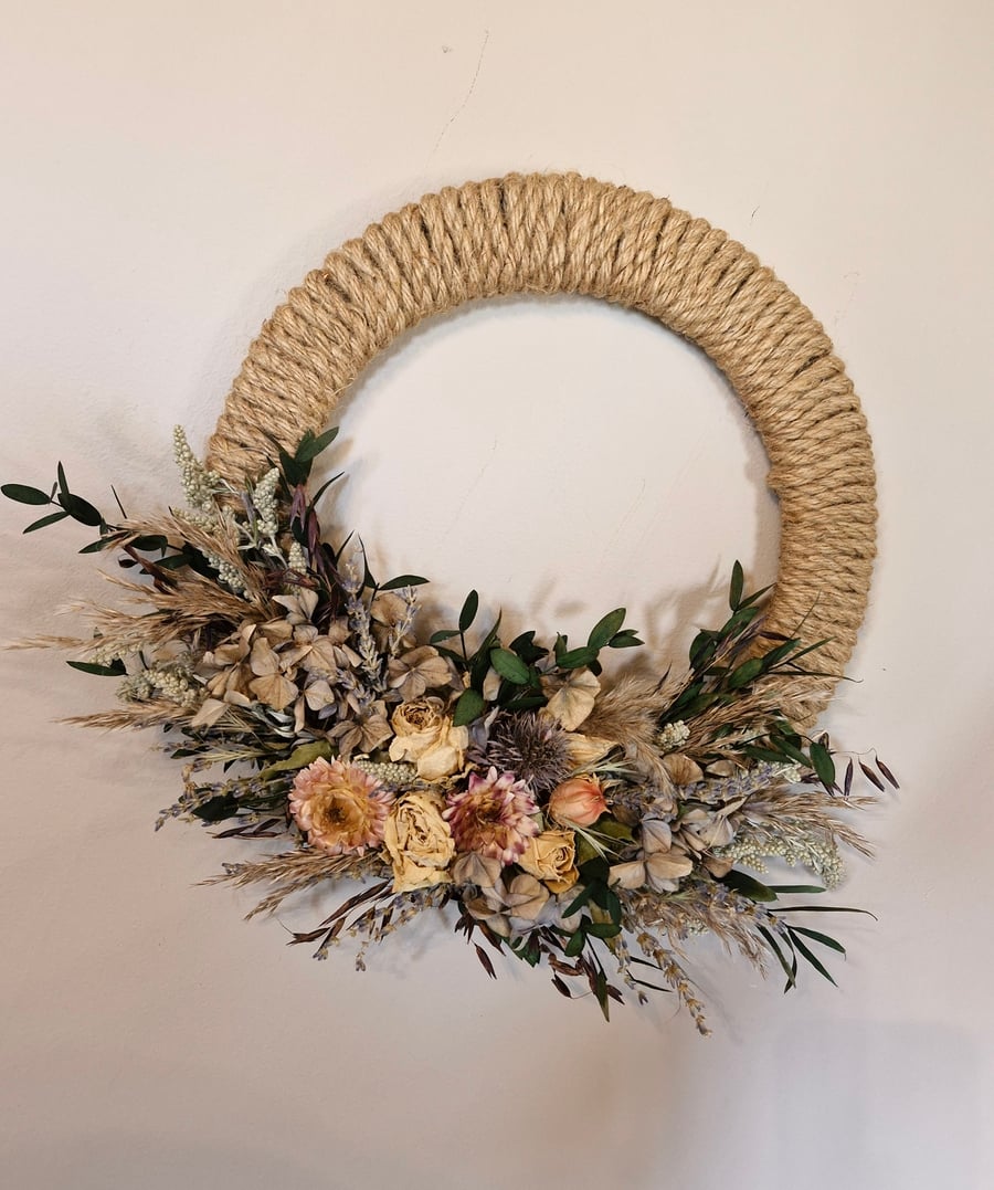 Large Jute Wrapped Dried Flower Wreath. Roses, Eucalyptus, Lavender. 34cm