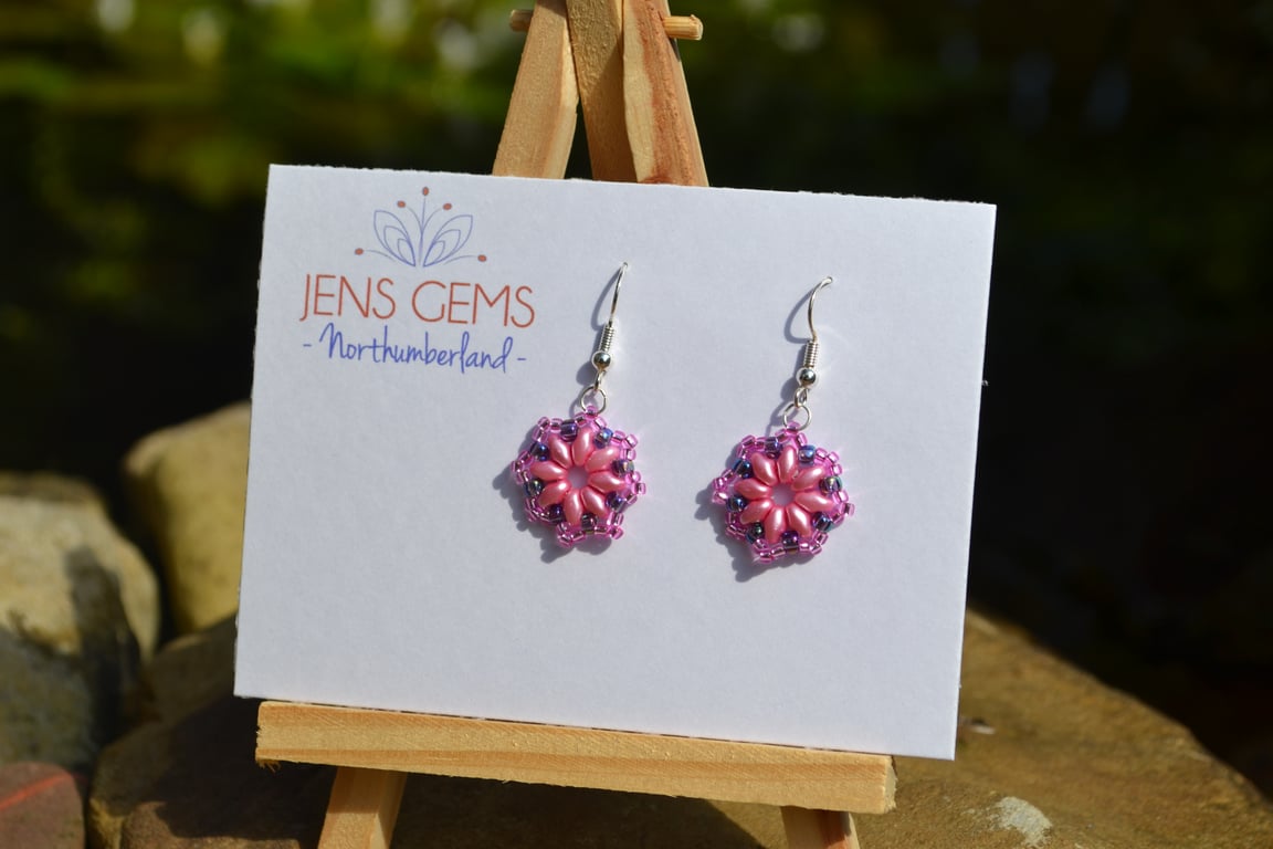Pink and Purple Floral Style Beadwork Earrings
